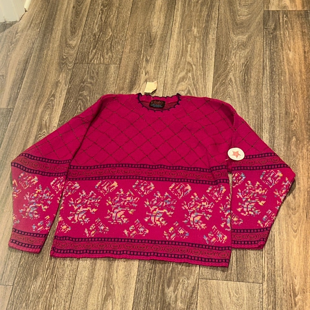 Chris Ann vintage new pink sweater with rainbow pattern acrylic